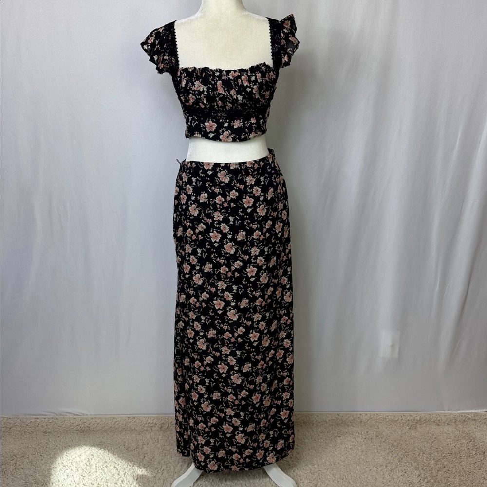 Free People Bijou Floral Midi Skirt Set Size 4 Black Pink‎ NWOT - Picture 4 of 13
